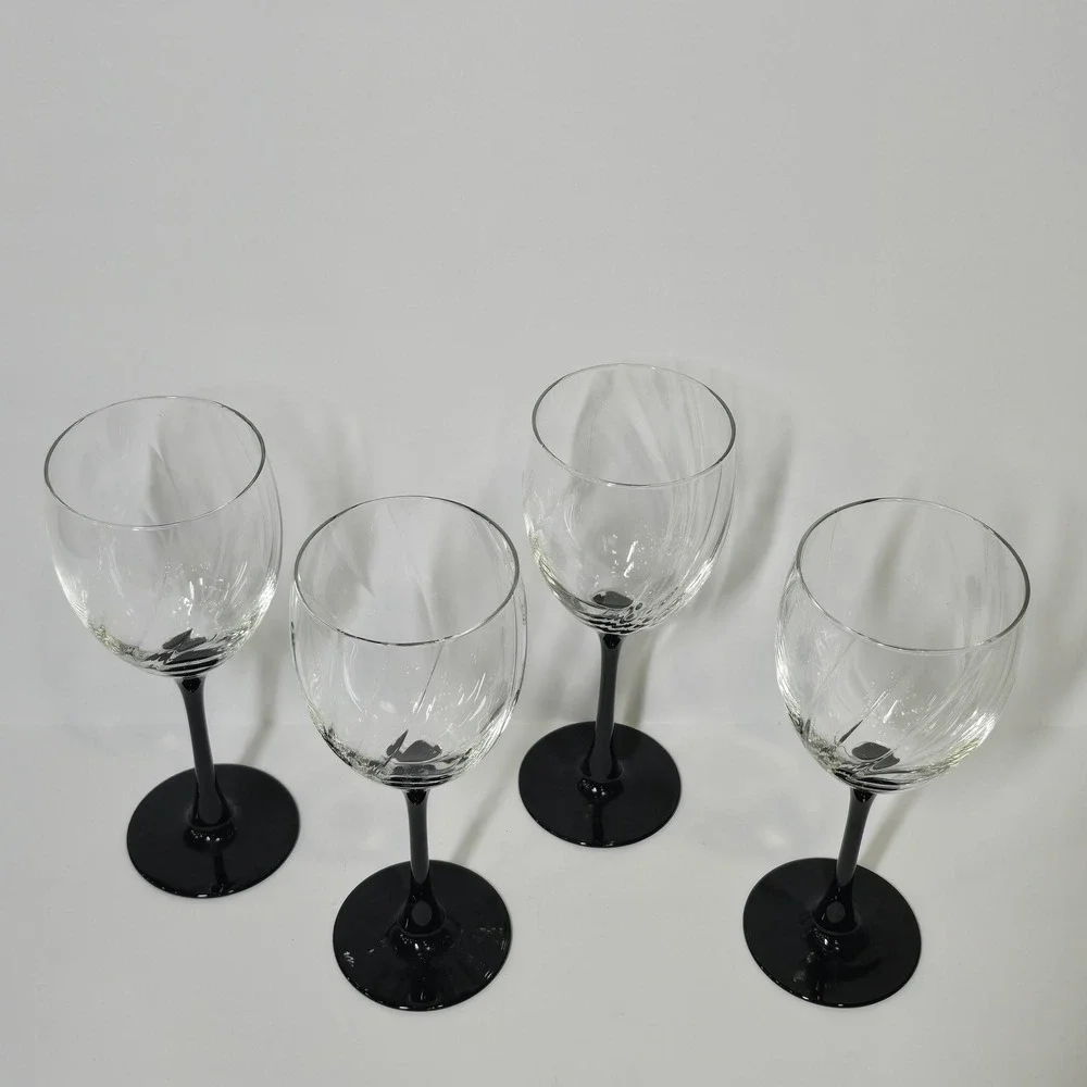 Vintage Cristal d'Arques Durand Astra Goblets Set 4 Black Stem Optic Swirl